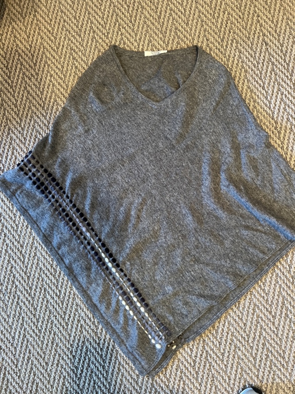 Gray V-Neck Knit Poncho with Eyelet Trim